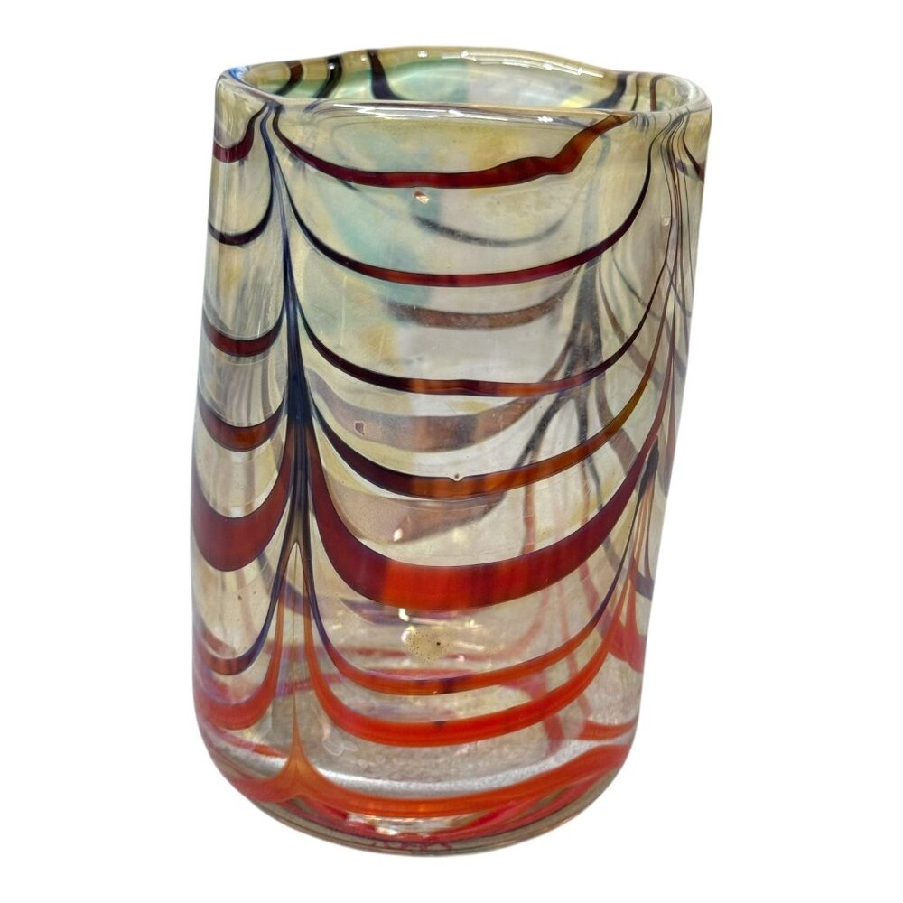 Vtg Pulled Feather Hand Blown Rainbow Peacock Glass Vase Signed Koerner 1989